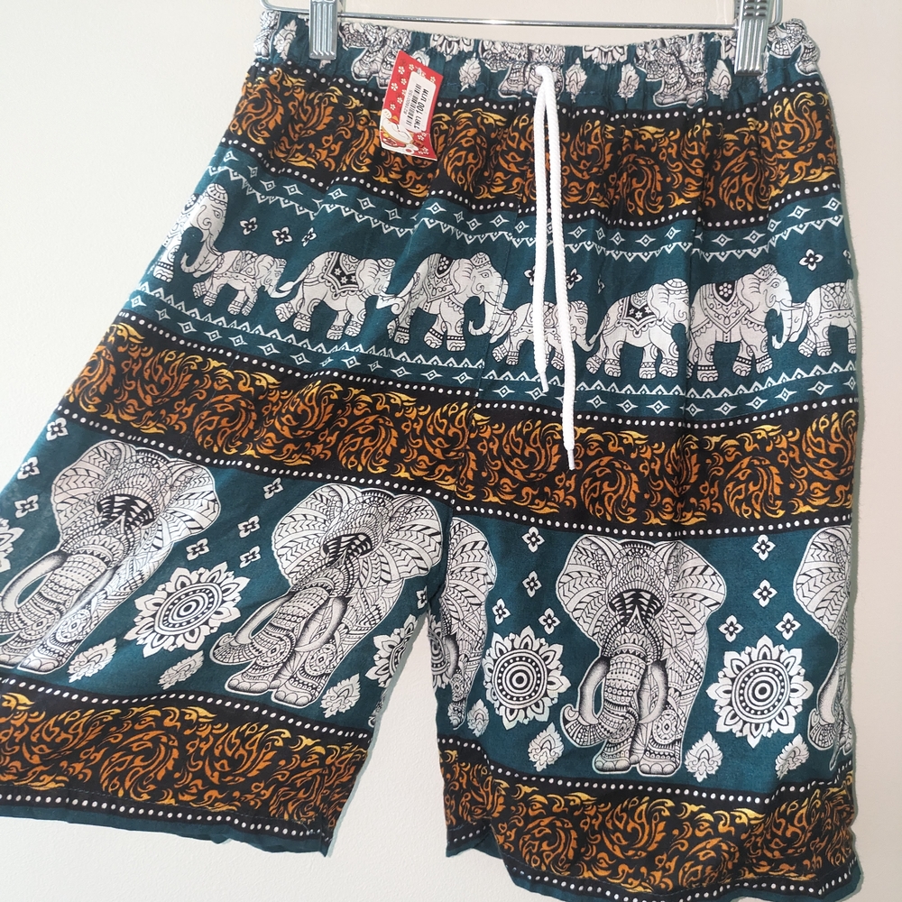 Unisex Elephant Print Swim Shorts - Green and Brown